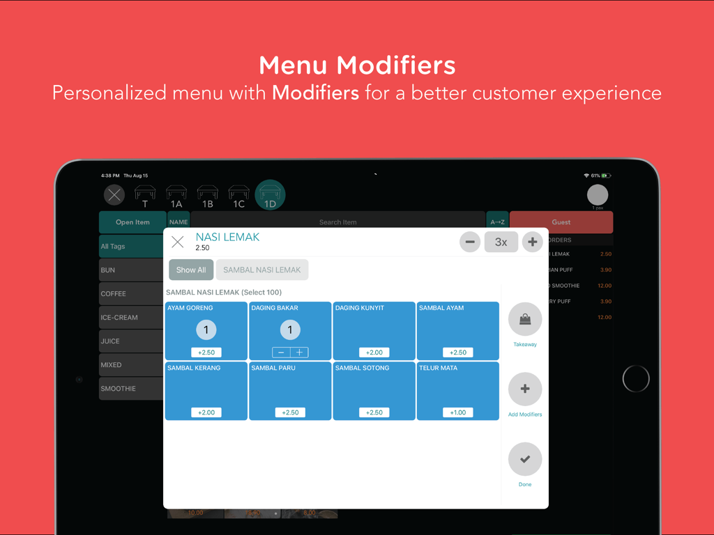Slurp Waiter - Slurp Waiter app interface on an iPad showing customizable menu modifiers for a Nasi Lemak dish.
