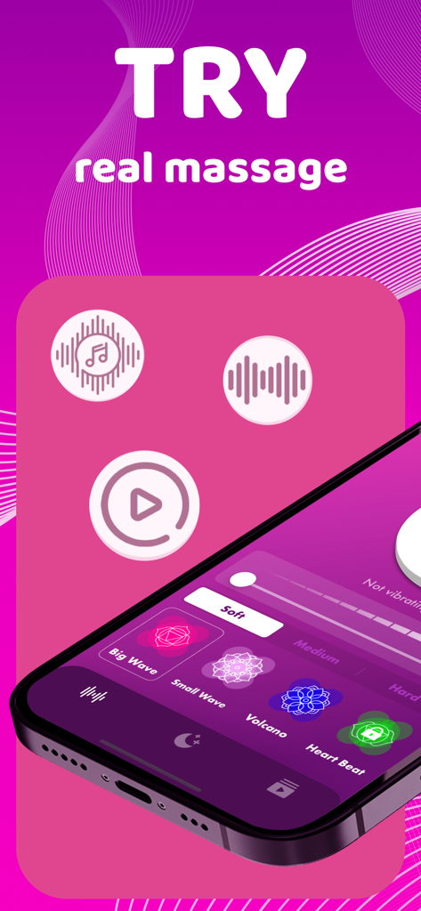 Smartphone displaying the Massager app interface with different vibration patterns and intensity levels