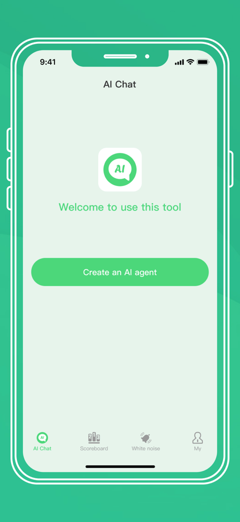 AI chat interface of the Doppelganger Assistant mobile app with a button to create an AI agent