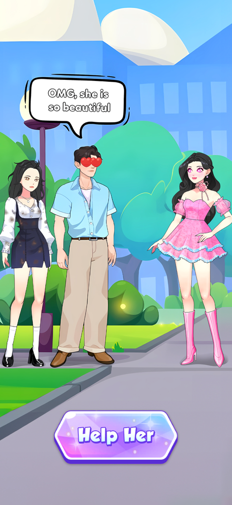 Idol Live: Mini Games Show - A girl in a messy outfit next to a man admiring a glamorous fashion idol in a pink dress.