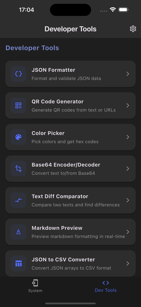Shizuku App-Oberfläche, die eine Liste von Entwicklerwerkzeugen anzeigt, darunter JSON-Formatter, QR-Code-Generator und Farbwähler.