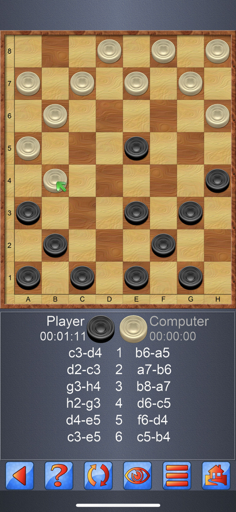 Checkers match in progress against computer AI on a wooden board with move history.