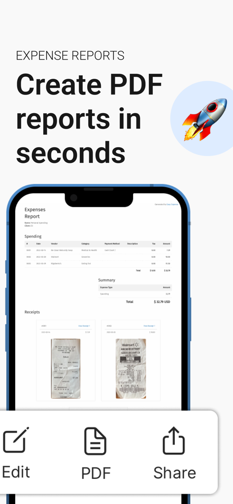 Receipt Scanner: Easy Expense - Mobile app screen showing a generated PDF expense report with scanned receipt images and export options