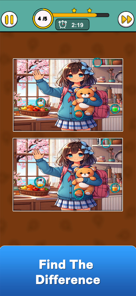 Un nivel de rompecabezas de "encuentra la diferencia" en el juego Find it Out con una chica anime sosteniendo un osito de peluche.