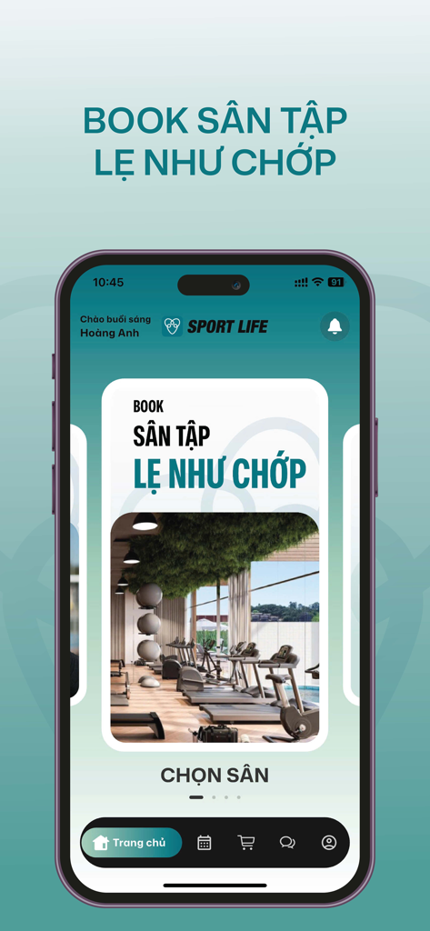 Sport Life - Interfaz de la aplicación móvil Sport Life que muestra un gimnasio con cintas de correr y opciones de reserva