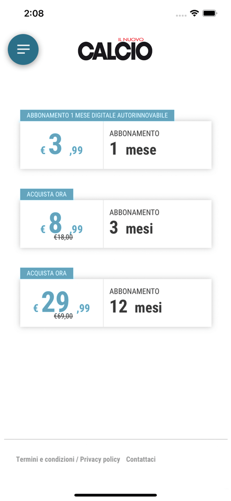 Nuovo Calcio - Schermata di abbonamento per l'app Nuovo Calcio che mostra i piani tariffari per l'accesso digitale di uno, tre e dodici mesi