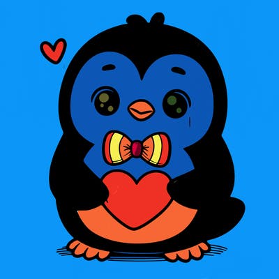 cute penguin with bow tie holding heart