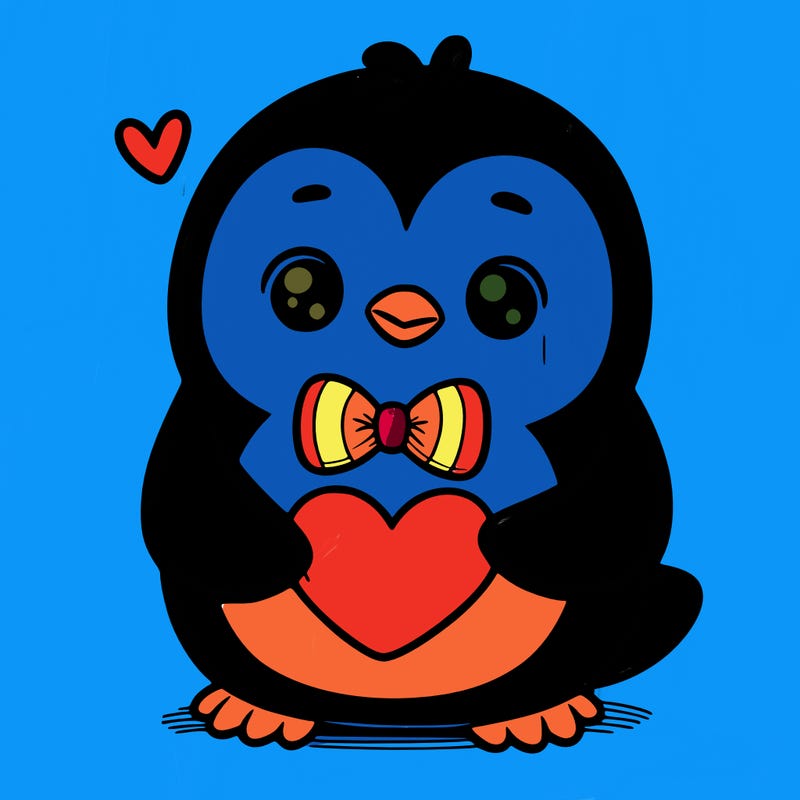 cute penguin with bow tie holding heart