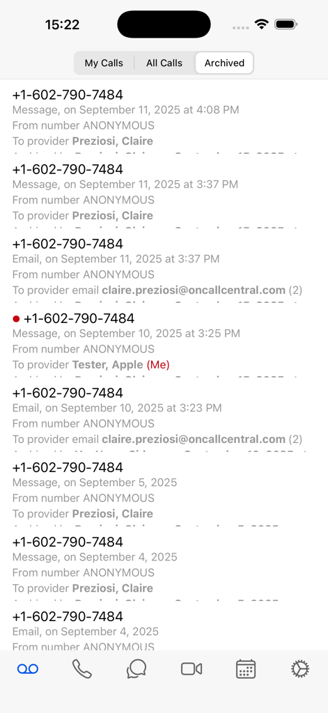 Archived call log showing messages and phone numbers in the On Call Central medical app.