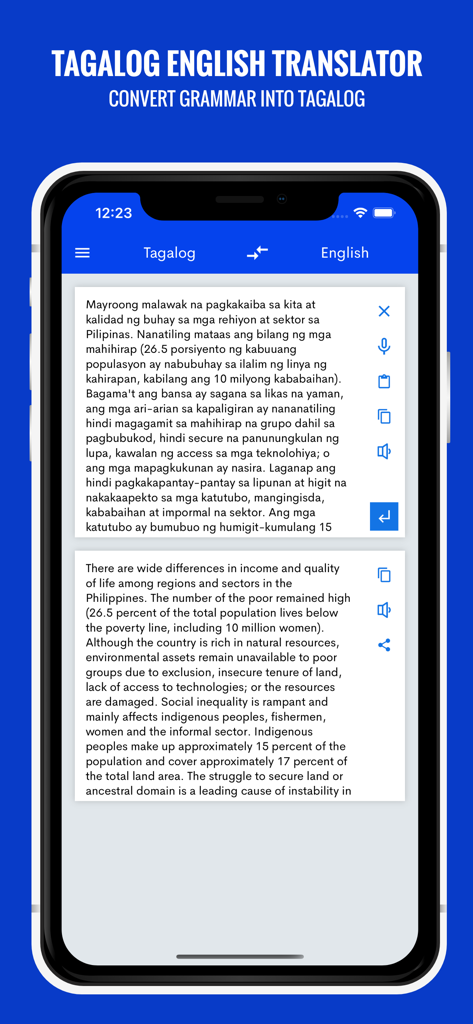 Smartphone screen displaying a Tagalog to English translation of a paragraph