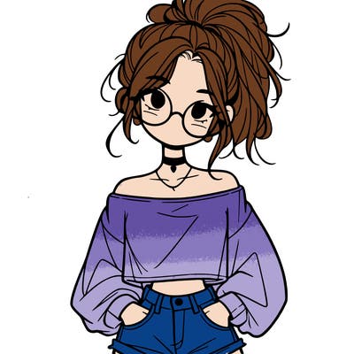 girl with a messy ponytail glasses a baggy crop top and jean shorts