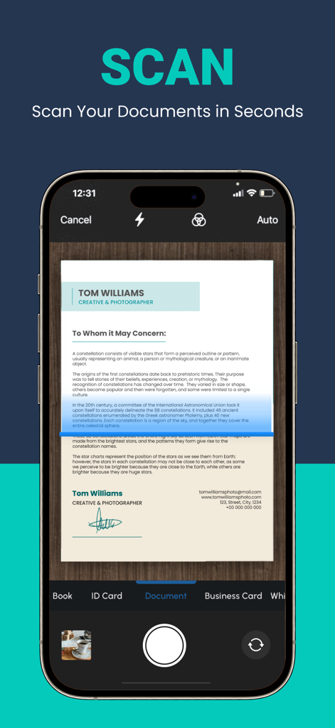 Interface do aplicativo para iPhone digitalizando um documento em segundos