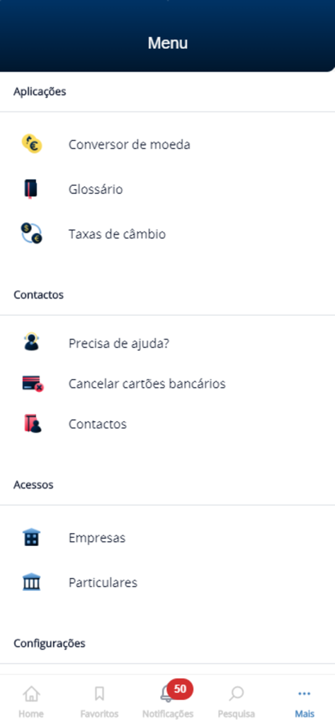 Le menu principal de l'application Banco de Portugal affiche des fonctionnalités telles que le convertisseur de devises, les taux de change et les options de contact.