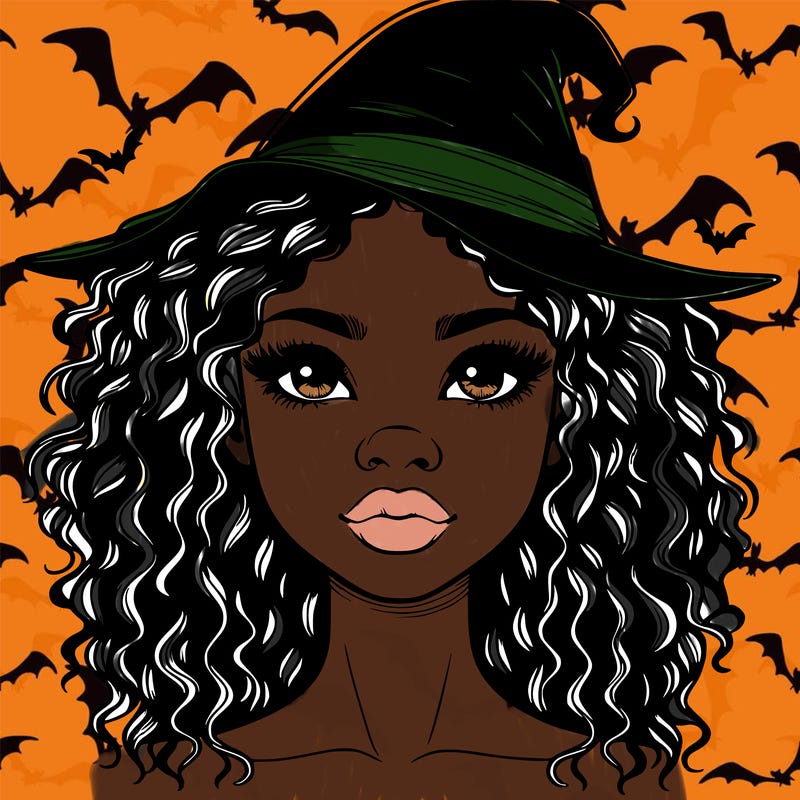 realistic black girl with wavy hair and witch hat and nose and lips