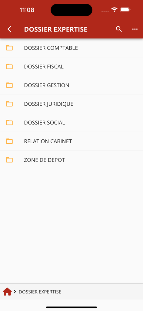 Co-pilotes - Co-pilotes app interface showing a list of business document folders for accounting, tax, and legal records