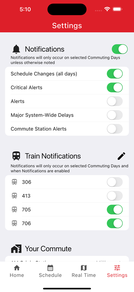 Caltrain Commuter - Caltrain Commuter app settings screen showing notification toggles for schedule changes critical alerts and specific train numbers