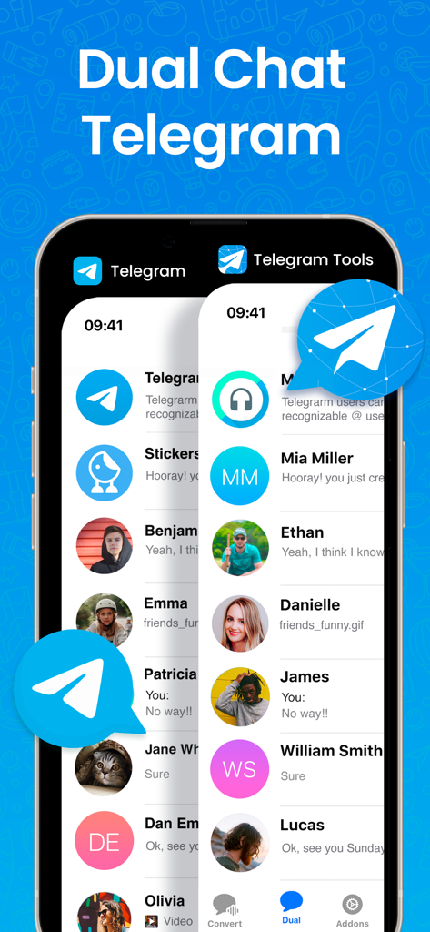 X for Telegram Messenger - Smartphone screen displaying dual Telegram accounts using the X for Telegram Messenger app