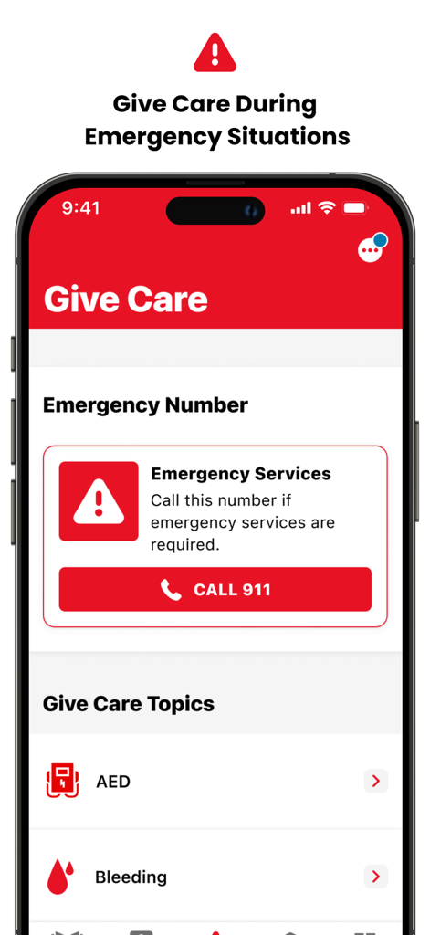 First Aid: American Red Cross - Bildschirm der American Red Cross Erste Hilfe App mit Notrufknopf und Themen wie AED und Blutungen