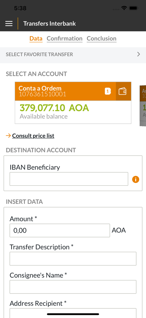 Écran de virement interbancaire de l'application BNI NET Particulares affichant le solde du compte en AOA et les champs de destination.