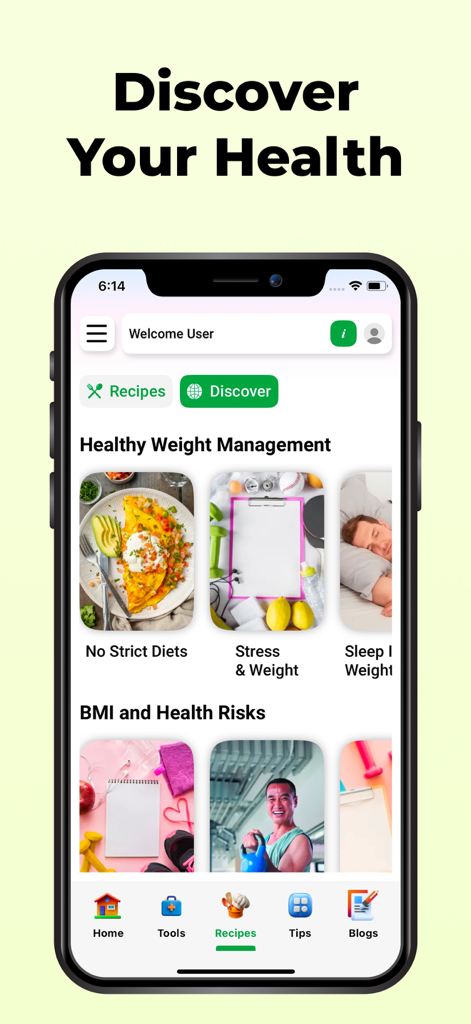 BMI-Calculator Weight App - La interfaz Descubre tu Salud de la app Calculadora de IMC que muestra artículos sobre manejo saludable del peso y recetas de nutrición