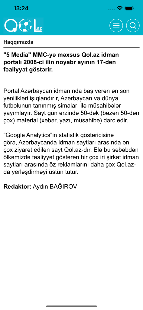The about us section of the QOL.az Azerbaijani sports news mobile application.