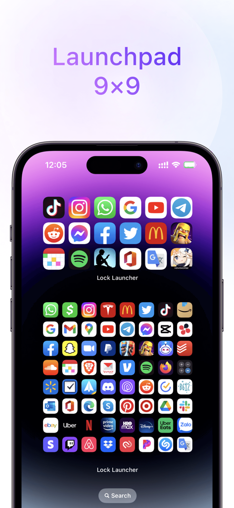 Écran d'accueil iPhone montrant une grille 9x9 à haute densité d'icônes d'applications créée avec Lock Launcher