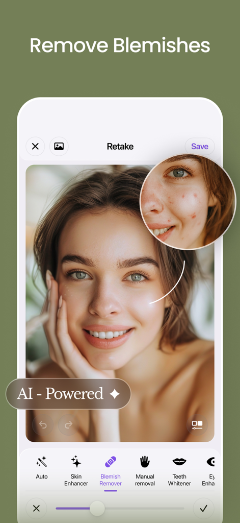 Interface of the AI beauty app showing a skin retouching feature that removes blemishes from a woman's portrait