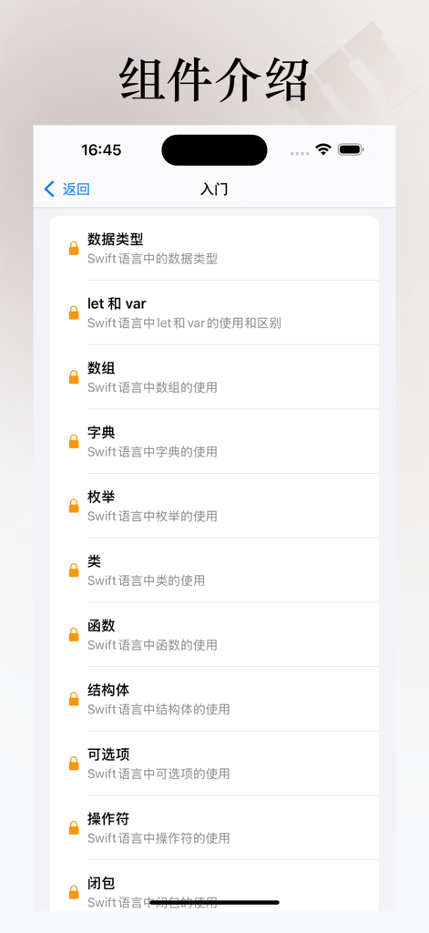Go SwiftUI mobile app screenshot displaying a curriculum of Swift programming basics in Chinese