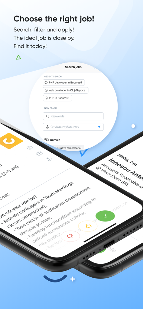 bestjobs - Interfaz de la aplicación móvil bestjobs que muestra filtros de búsqueda y una descripción detallada del puesto
