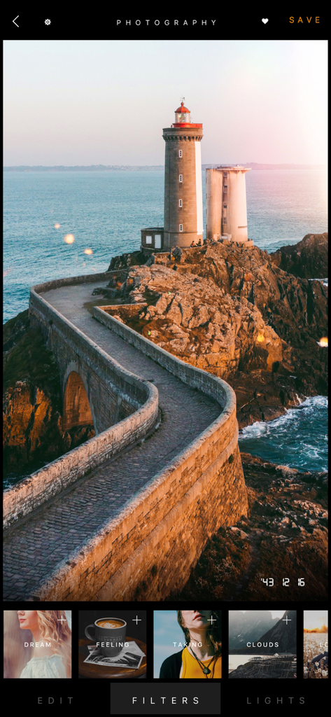 HUJI FILTER - Art Photo Editor - HUJI FILTER app interface showing a lighthouse photo with a 90s vintage film aesthetic and date watermark
