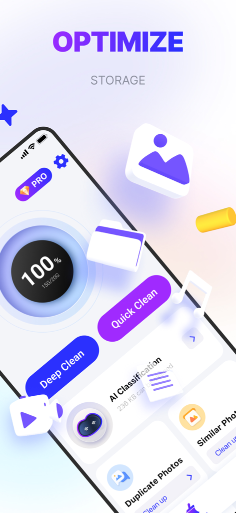 Interface of the DupiClean app showing storage optimization features including AI classification and photo cleaning tools