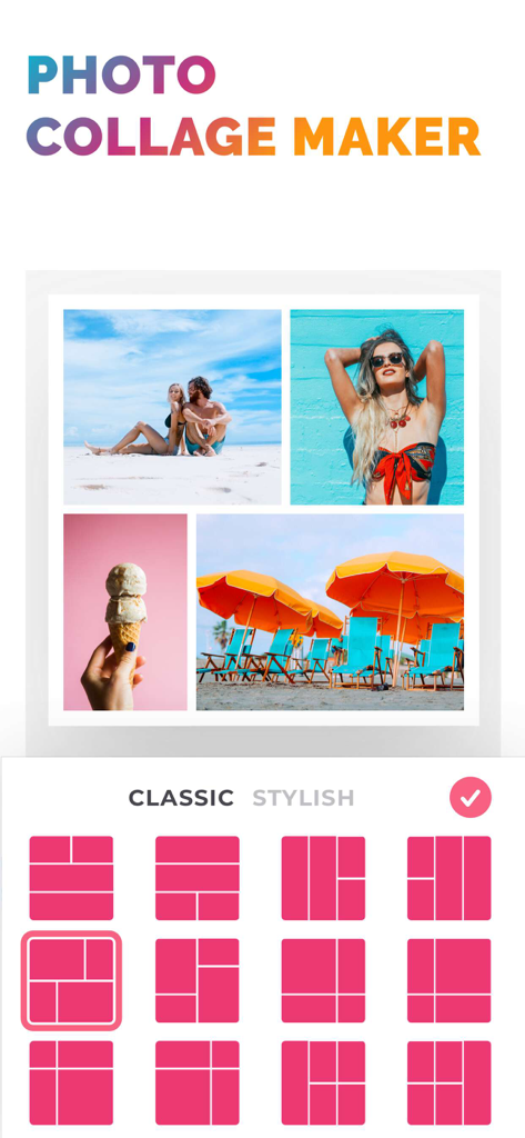 Oberfläche der PicJointer-App, die ein klassisches Layout-Auswahlraster und eine sommerliche Fotocollage anzeigt