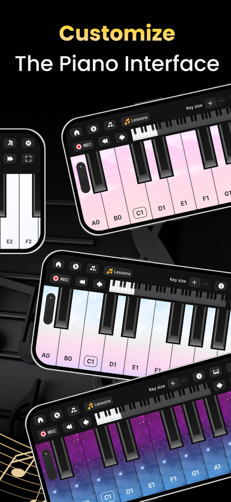 Piano Keyboard: Learn Piano - カラフルなテーマのさまざまなカスタマイズ可能なピアノキーボードインターフェースを表示するモバイルアプリ画面