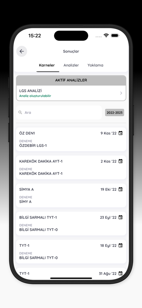 Kuzgun Eğitim - Kuzgun Egitim mobile app screen displaying a list of student exam results and report cards