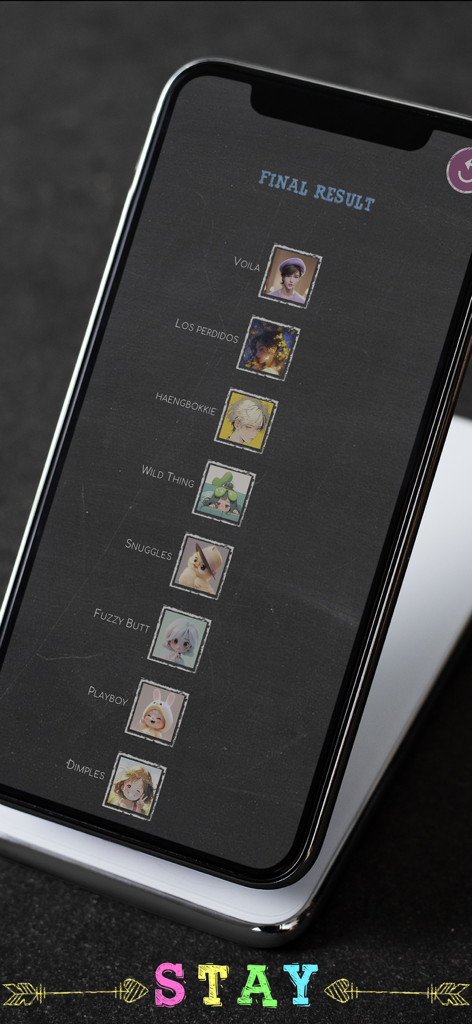 STAY fandom game - Final result screen of the STAY fandom game on an iPhone displaying member nicknames and character icons.