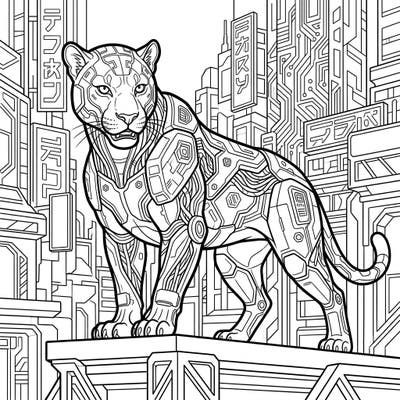 Explore the thrilling fusion of nature and technology with this captivating Cyberpunk Black Panther coloring page. Immerse yourself in a futuristic cityscape as you bring this majestic, robot-enhanced big cat to life with your colors.