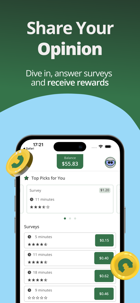 myCashery: Earn Money - Interfaz que muestra las encuestas disponibles y las recompensas en efectivo en la aplicación myCashery