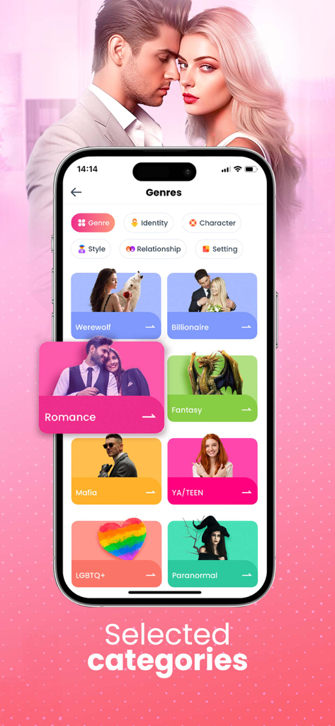 Mobile interface of GoodNovel app displaying book genres including Romance, Werewolf, and Billionaire.