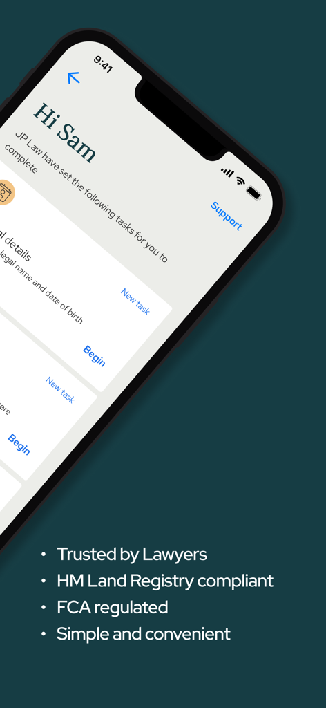 Thirdfort - Uno smartphone che mostra l'elenco delle attività dell'app Thirdfort per la verifica legale dell'identità e la condivisione professionale di documenti.