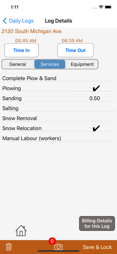 mpengo Snow - Mpengo Snow app interface showing service log details with plowing and snow relocation checked