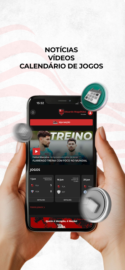 CR Flamengo - スマートフォンの画面には、CRフラメンゴアプリのニュースと試合スケジュールが表示されています