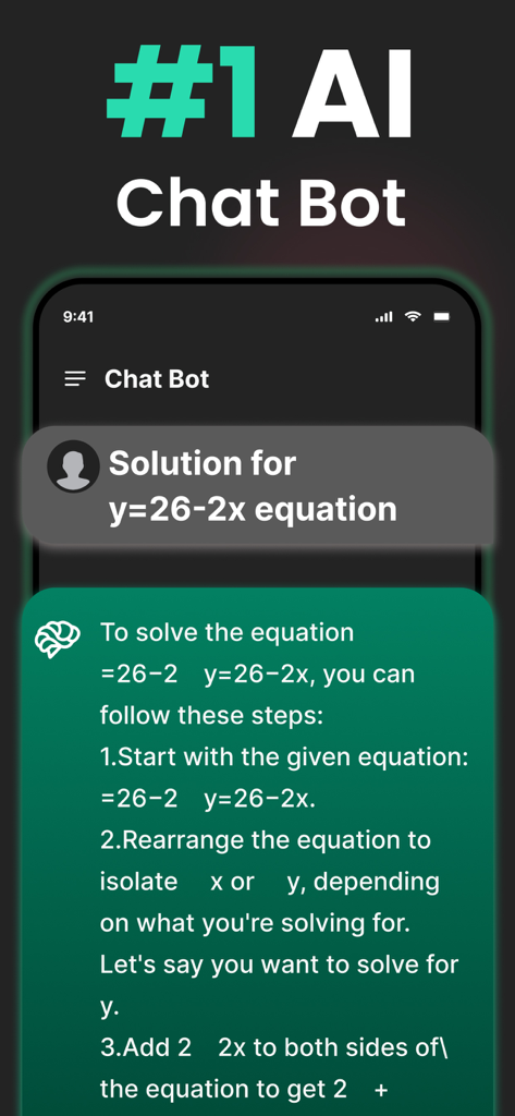 The interface of an AI Chatbot app providing a step by step solution to an algebraic math equation.