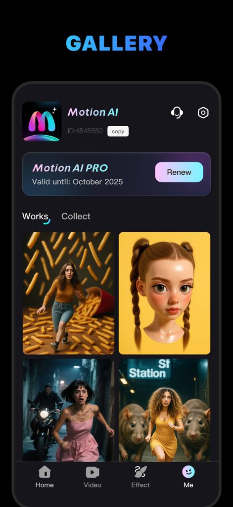 MotionAI app gallery showing user profile and creative AI generated video effects.
