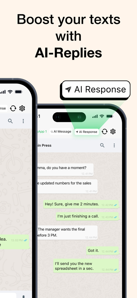 Messenger Business app interface showing AI-powered message reply suggestions for professional communication