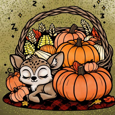 cornucopia with pumpkins and a sleeping baby deer next to it