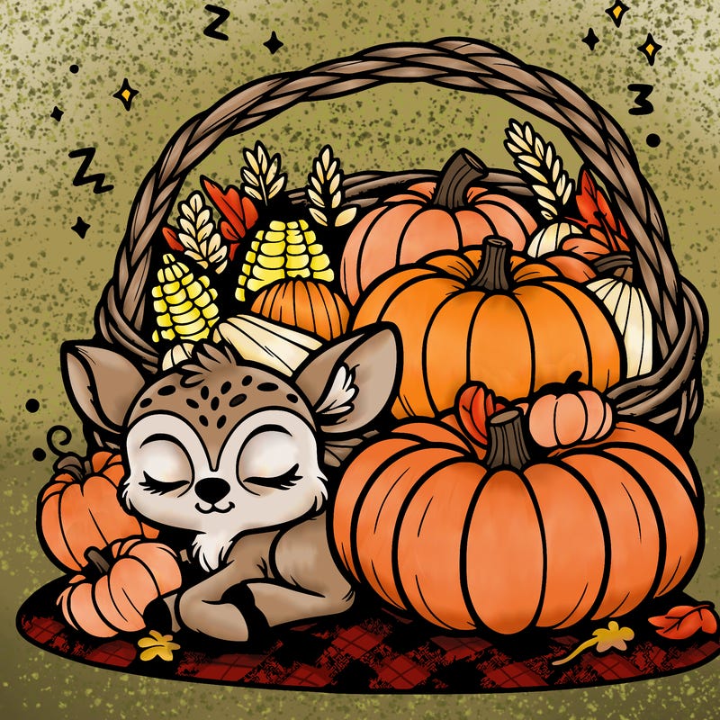 cornucopia with pumpkins and a sleeping baby deer next to it