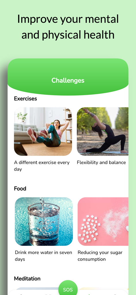 Brocco app screen displaying mental and physical health challenges including exercise and nutrition
