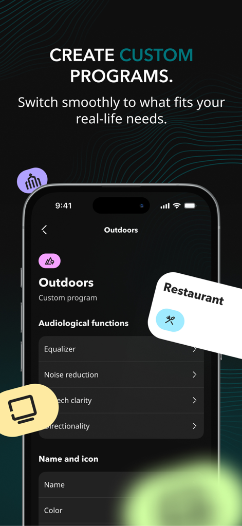 Miracle-Ear App - Interface of the Miracle-Ear app showing how to create and switch between custom hearing programs like outdoors and restaurant modes
