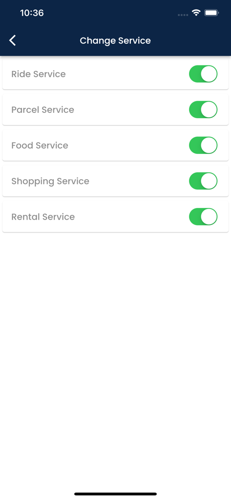 MARHABA SHOFER - Marhaba Shofer app interface for toggling driver services like ride parcel and food delivery