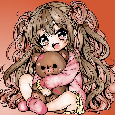 manga girl, long curly hair, happy, cuddling a teddy bear